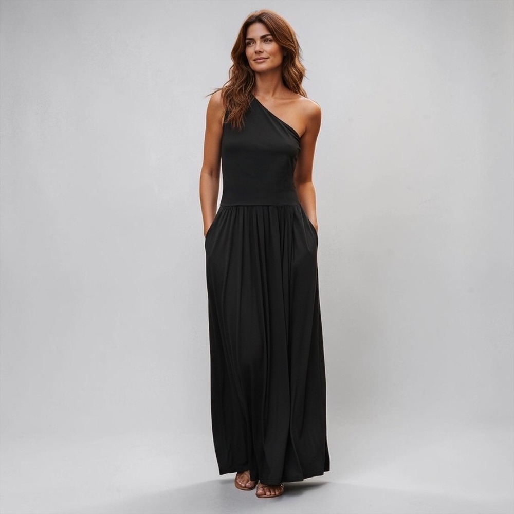 ZESICA Womens One Shoulder Maxi Dress Black Ruched Pocket Summer Gown Size L NWT